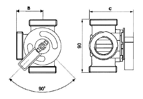 Rysunek wymiary zaworu 3 drogowego WITA 3-drogowy wymiary